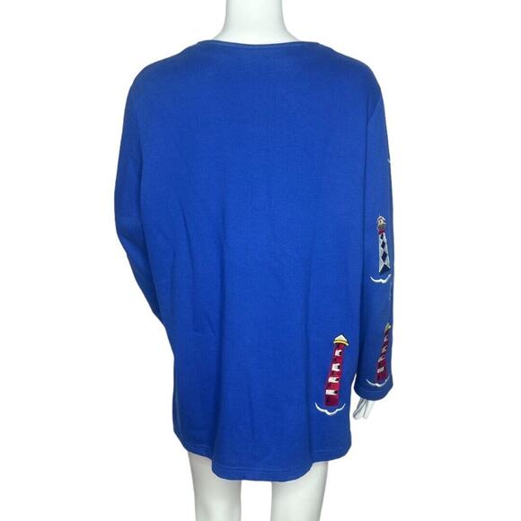 Quacker Factory Sweater Womens Medium Cardigan Blue Lighthouses Nautical Vintage - Picture 4 of 7